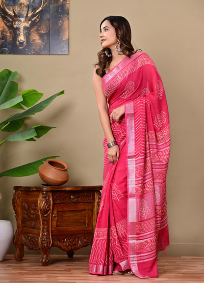 Block Printed Cotton linen Saree With Unstiched Blouse