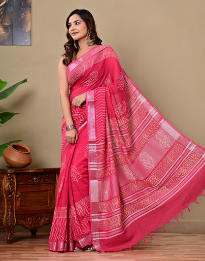 Block Printed Cotton linen Saree With Unstiched Blouse