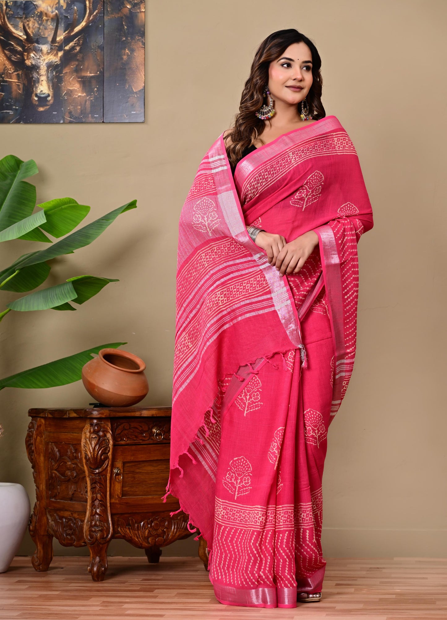 Block Printed Cotton linen Saree With Unstiched Blouse