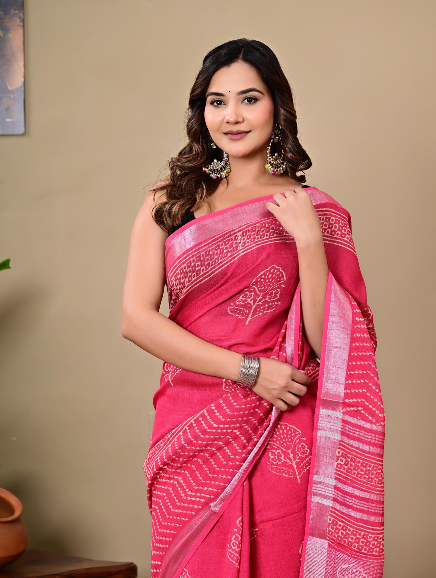 Block Printed Cotton linen Saree With Unstiched Blouse