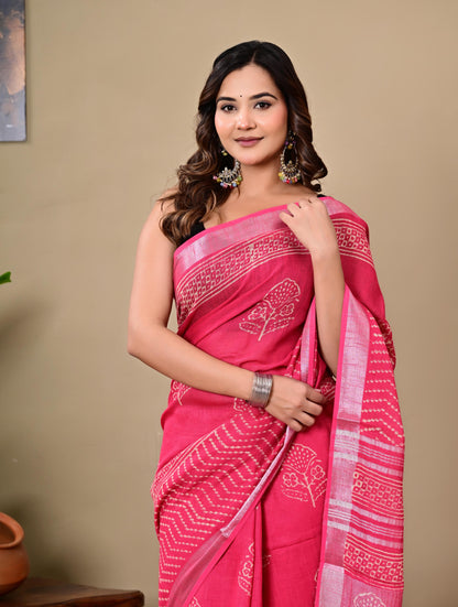 Block Printed Cotton linen Saree With Unstiched Blouse