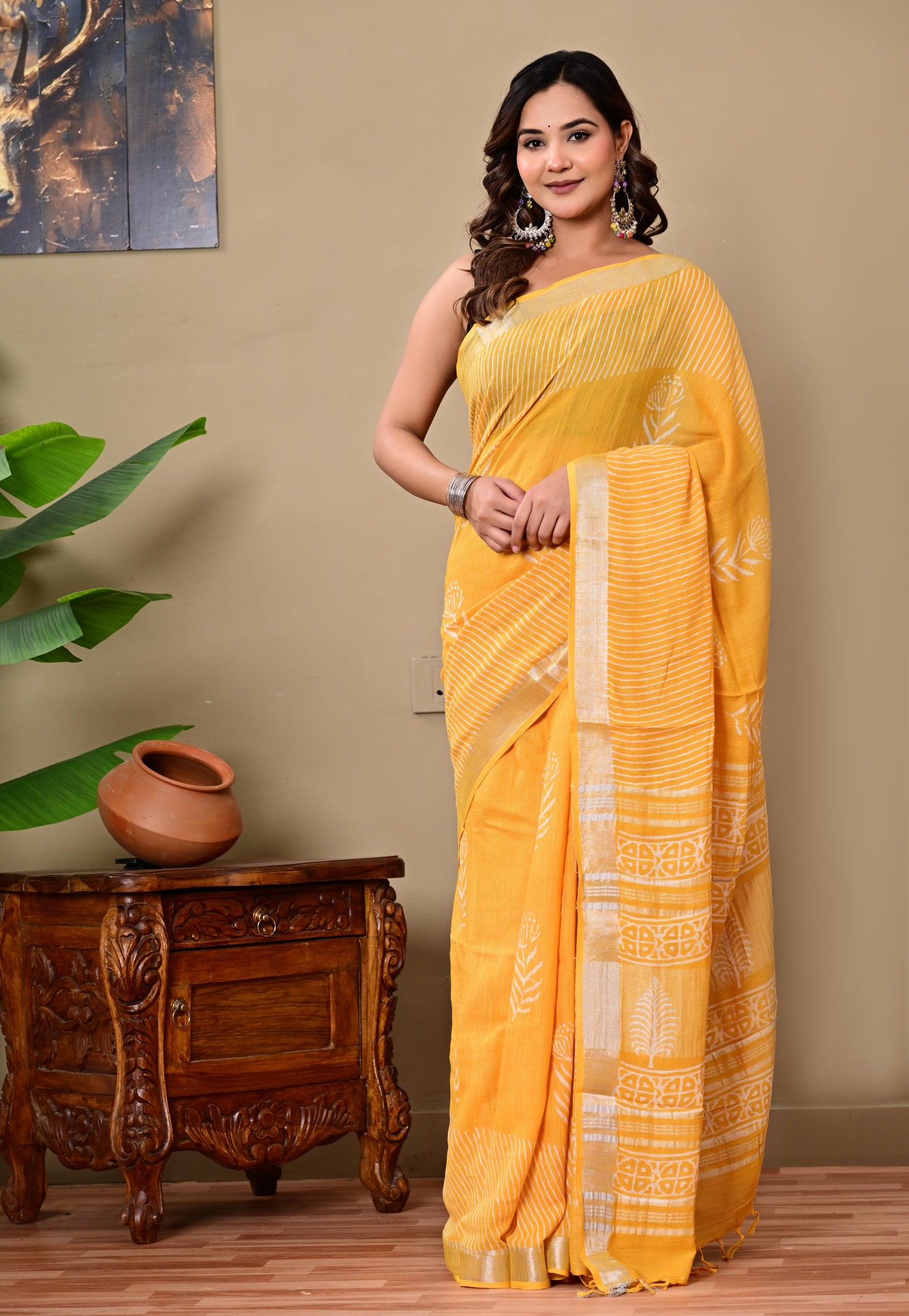 Block Printed Cotton linen Saree With Unstiched Blouse