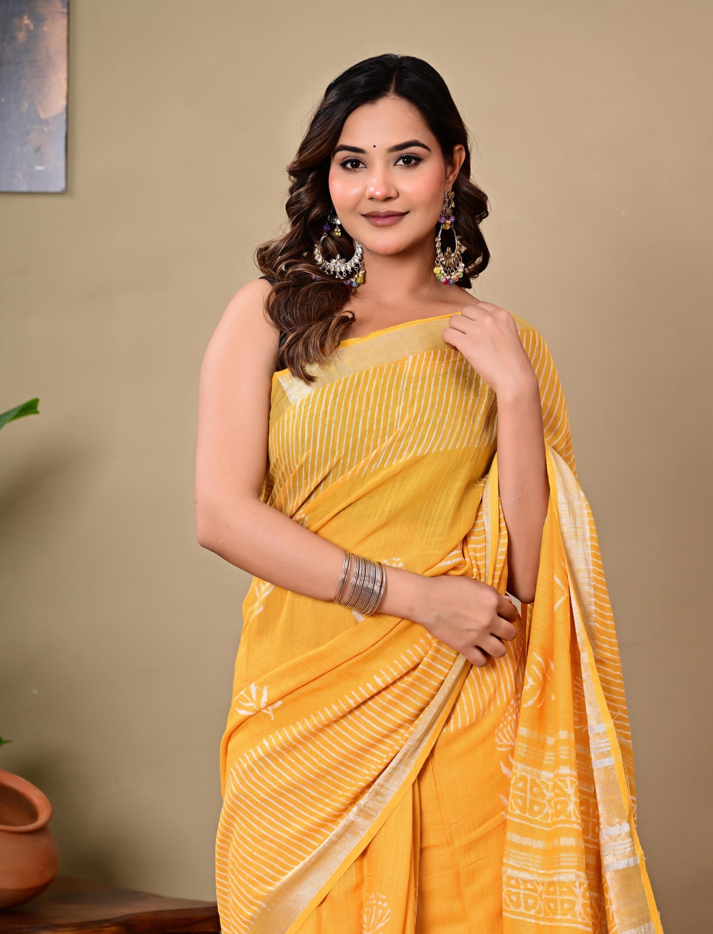 Block Printed Cotton linen Saree With Unstiched Blouse