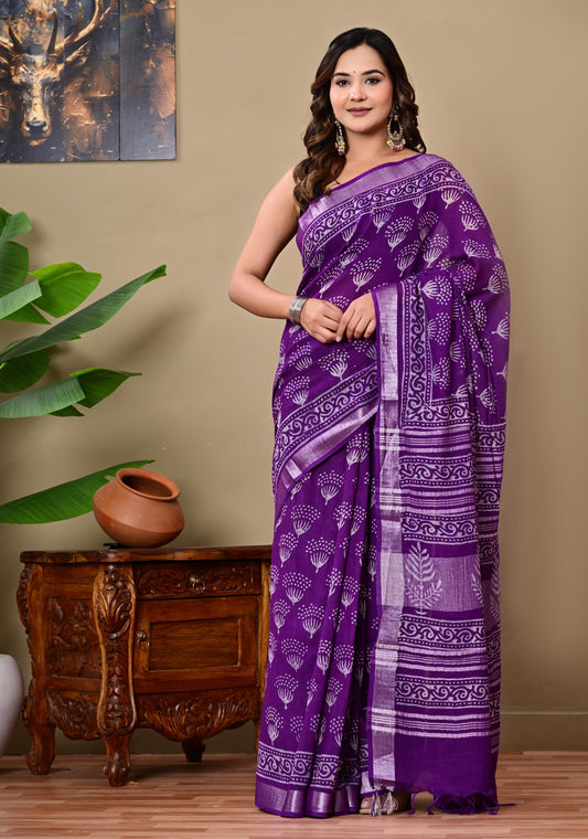Block Printed Cotton linen Saree With Unstiched Blouse