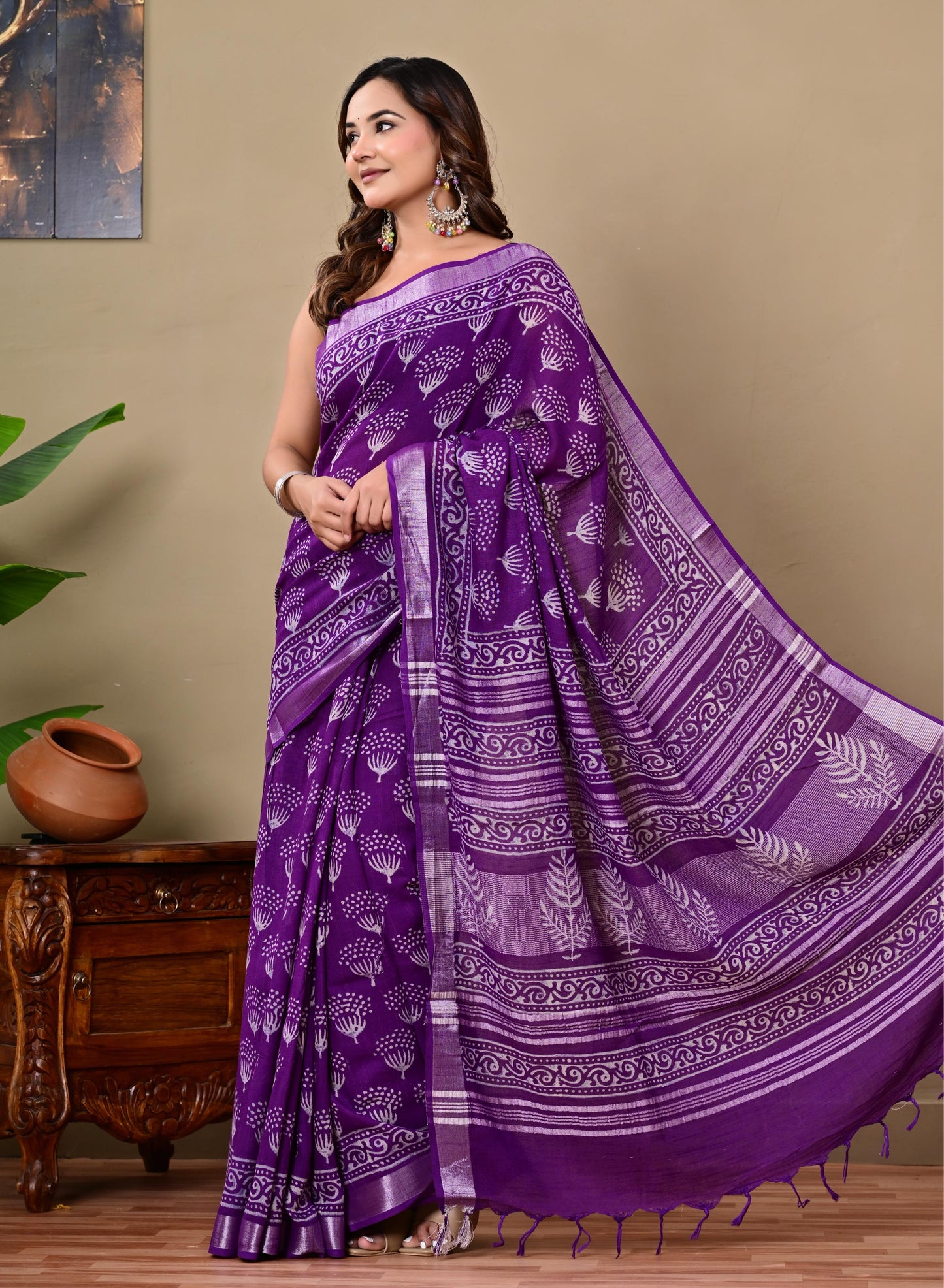 Block Printed Cotton linen Saree With Unstiched Blouse