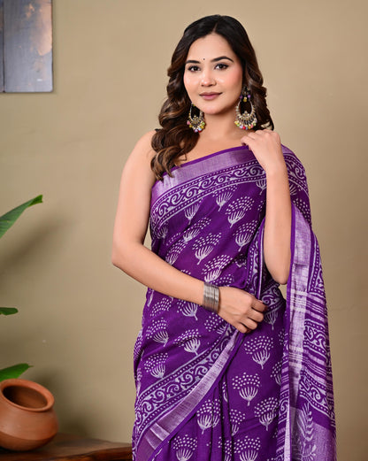 Block Printed Cotton linen Saree With Unstiched Blouse