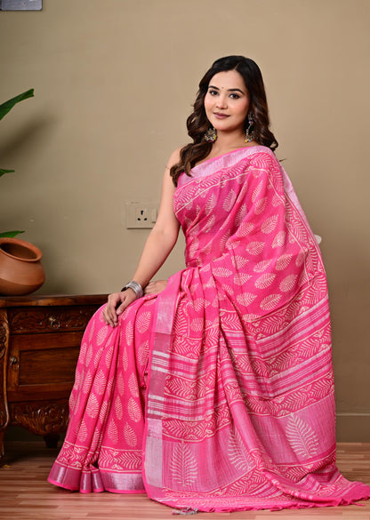 Block Printed Cotton linen Saree With Unstiched Blouse