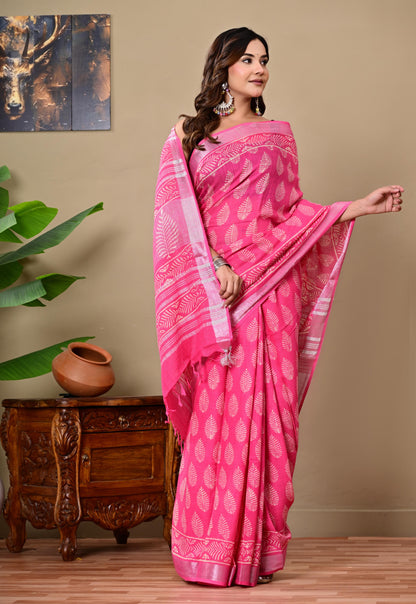 Block Printed Cotton linen Saree With Unstiched Blouse
