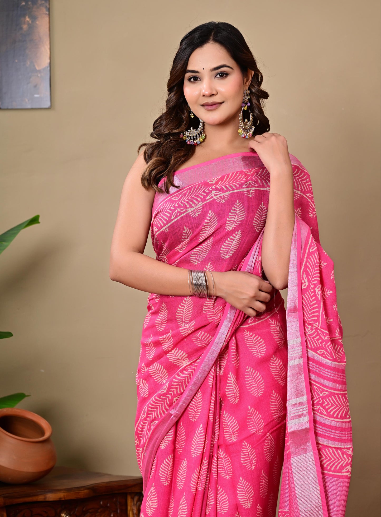 Block Printed Cotton linen Saree With Unstiched Blouse