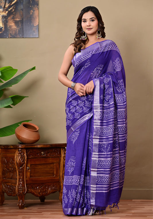 Block Printed Cotton linen Saree With Unstiched Blouse
