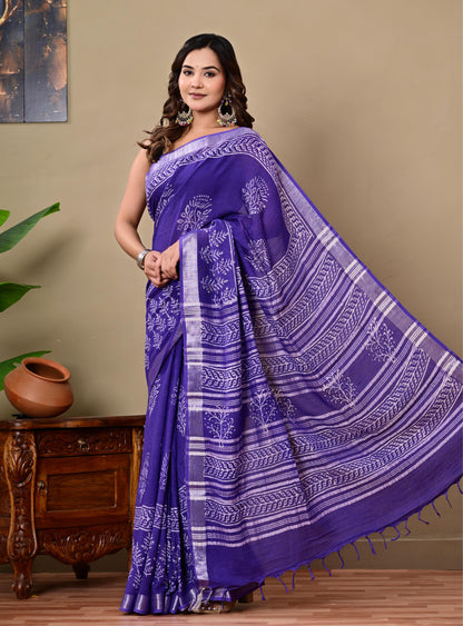 Block Printed Cotton linen Saree With Unstiched Blouse
