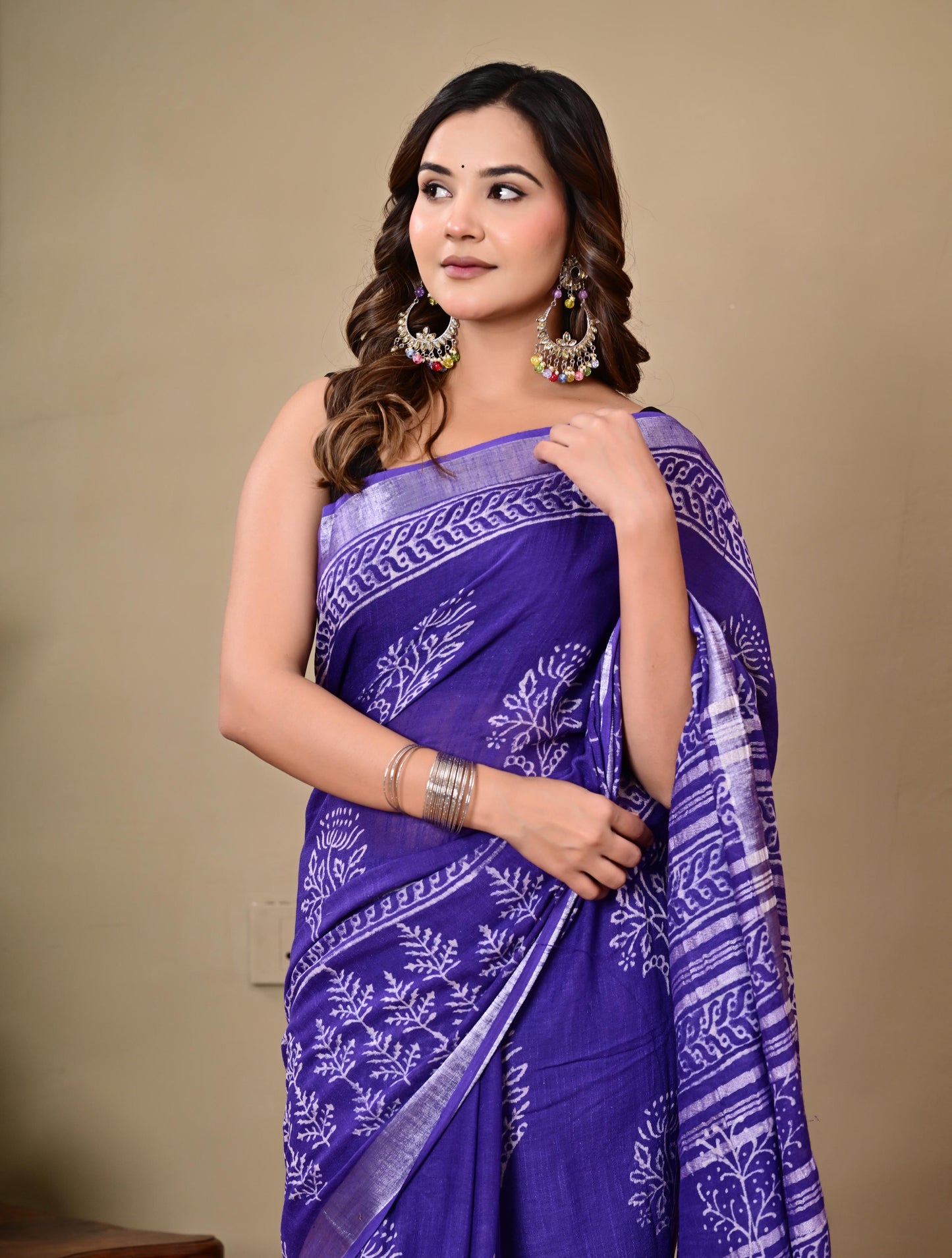 Block Printed Cotton linen Saree With Unstiched Blouse