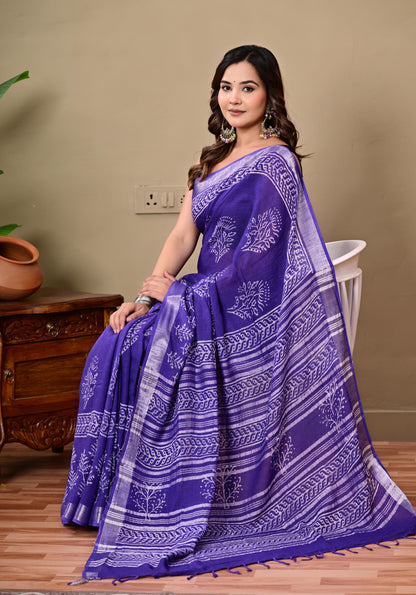 Block Printed Cotton linen Saree With Unstiched Blouse
