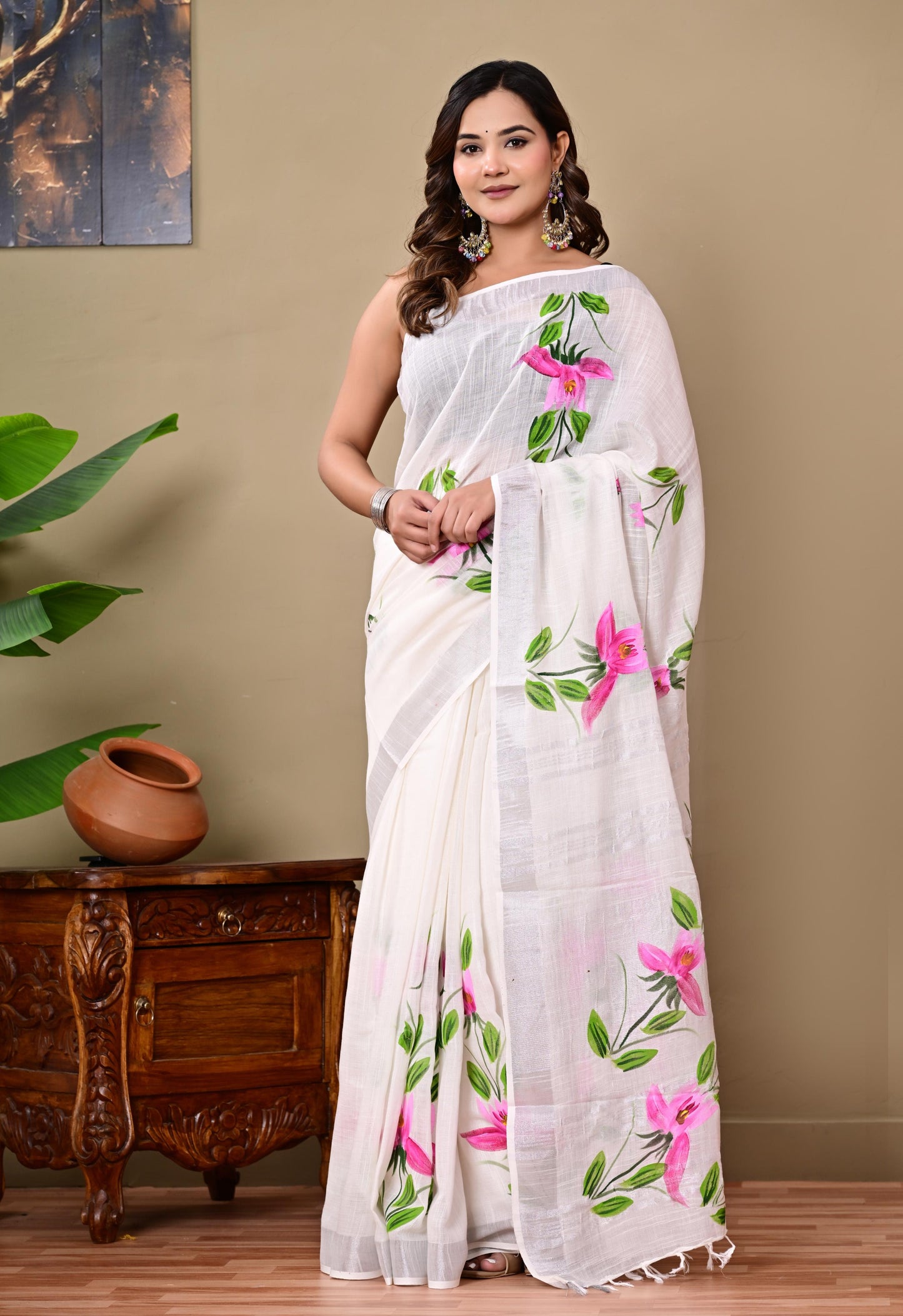 Block Printed Cotton linen Saree With Unstiched Blouse