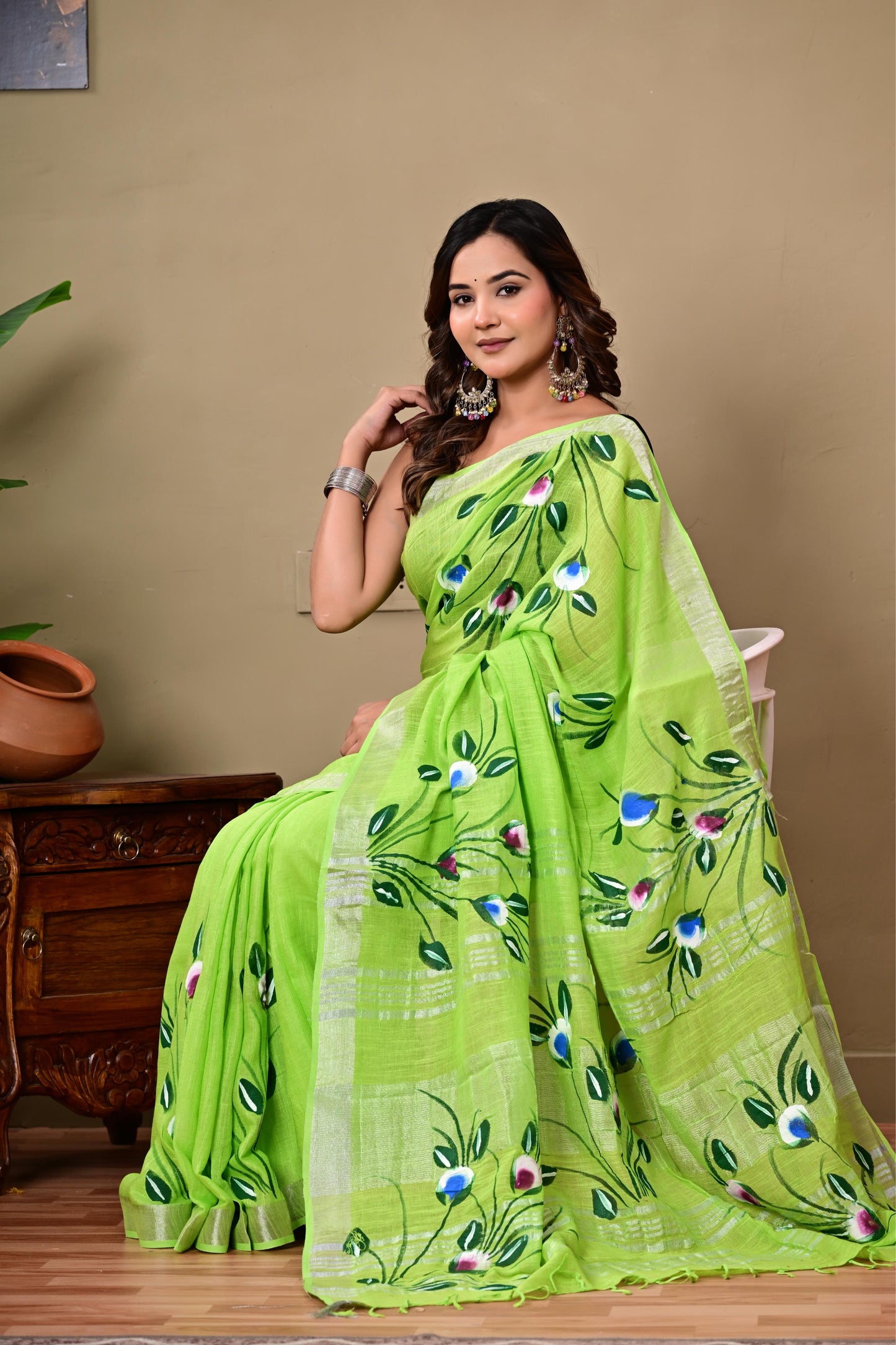Block Printed Cotton linen Saree With Unstiched Blouse