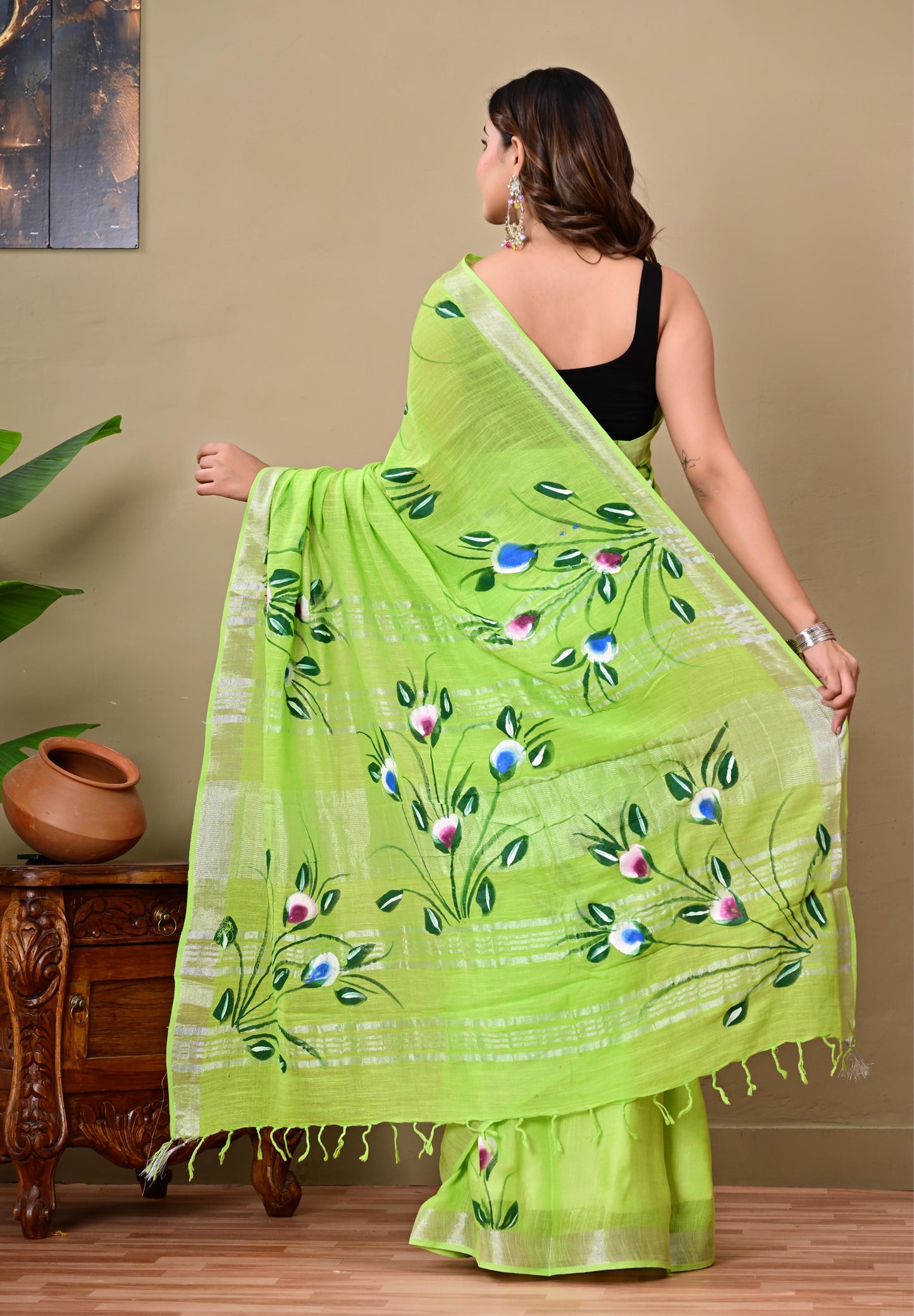 Block Printed Cotton linen Saree With Unstiched Blouse