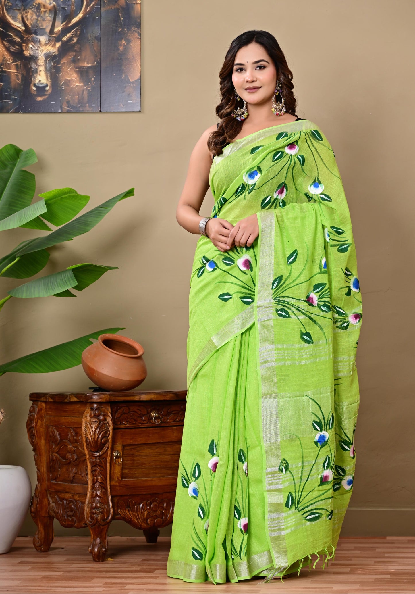 Block Printed Cotton linen Saree With Unstiched Blouse