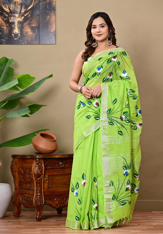 Block Printed Cotton linen Saree With Unstiched Blouse