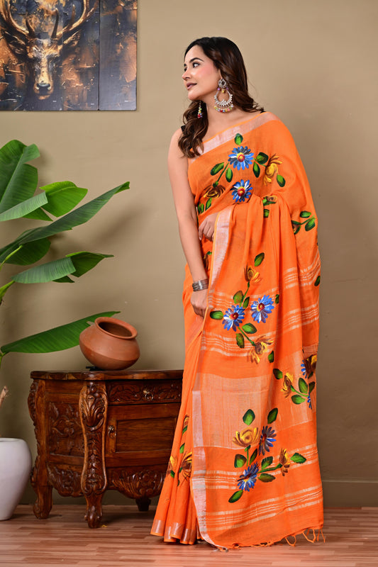 Block Printed Cotton linen Saree With Unstiched Blouse