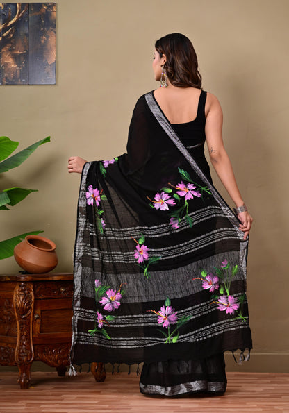 Block Printed Cotton linen Saree With Unstiched Blouse