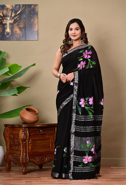 Block Printed Cotton linen Saree With Unstiched Blouse