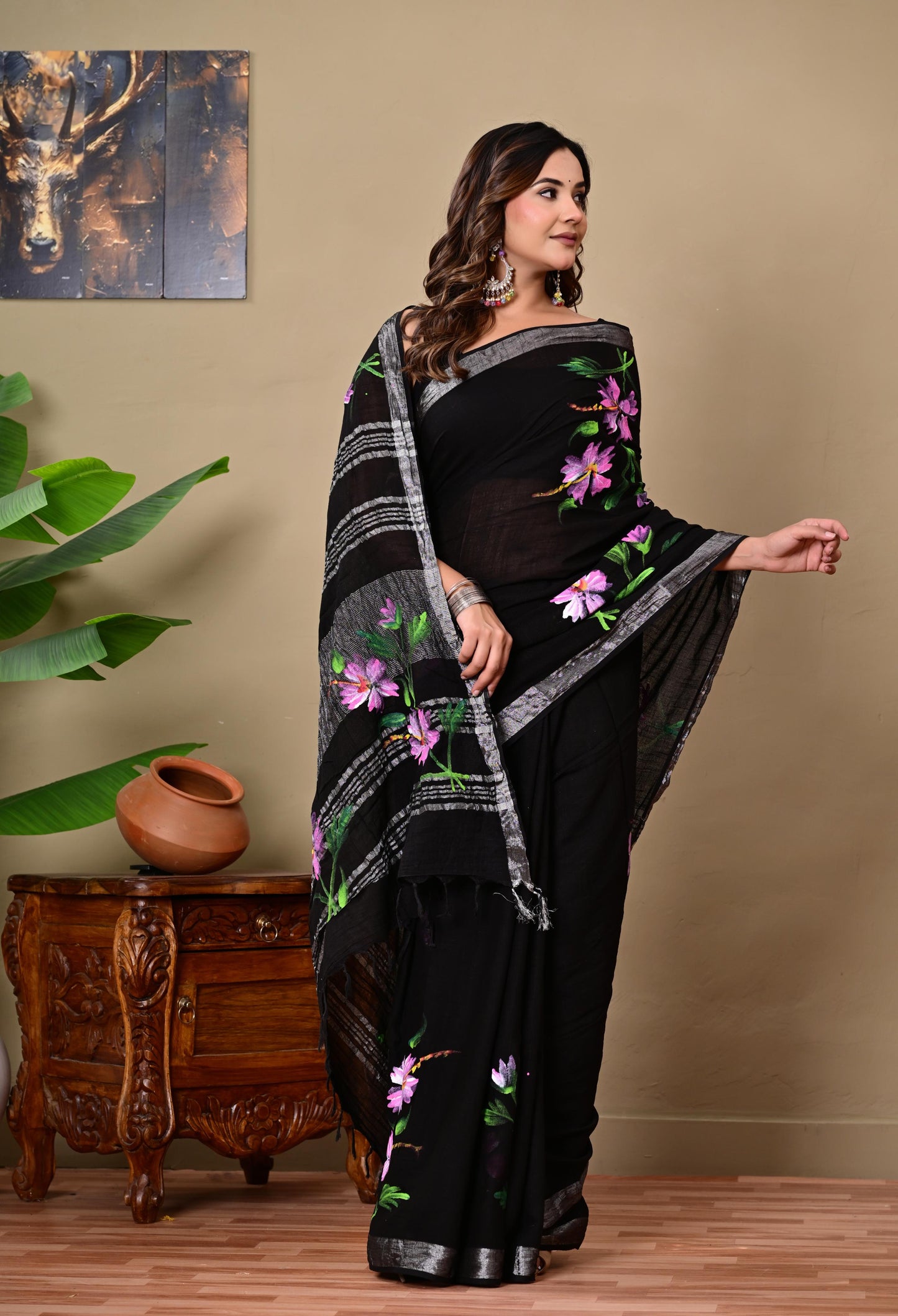 Block Printed Cotton linen Saree With Unstiched Blouse