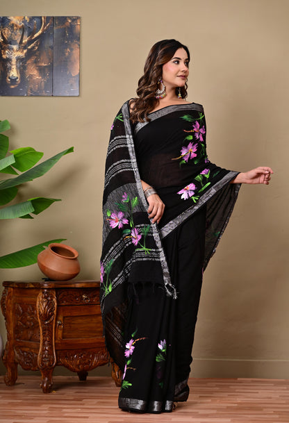 Block Printed Cotton linen Saree With Unstiched Blouse