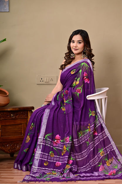 Block Printed Cotton linen Saree With Unstiched Blouse