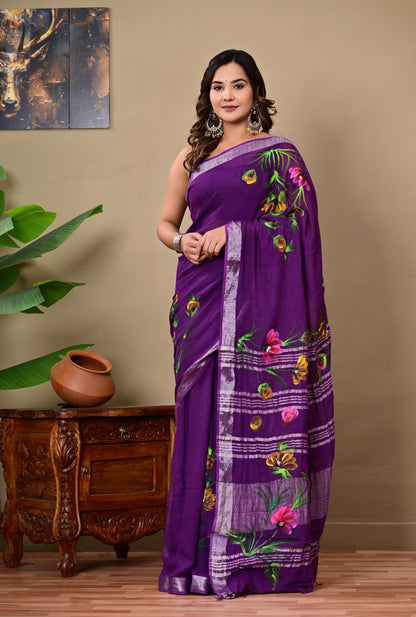 Block Printed Cotton linen Saree With Unstiched Blouse