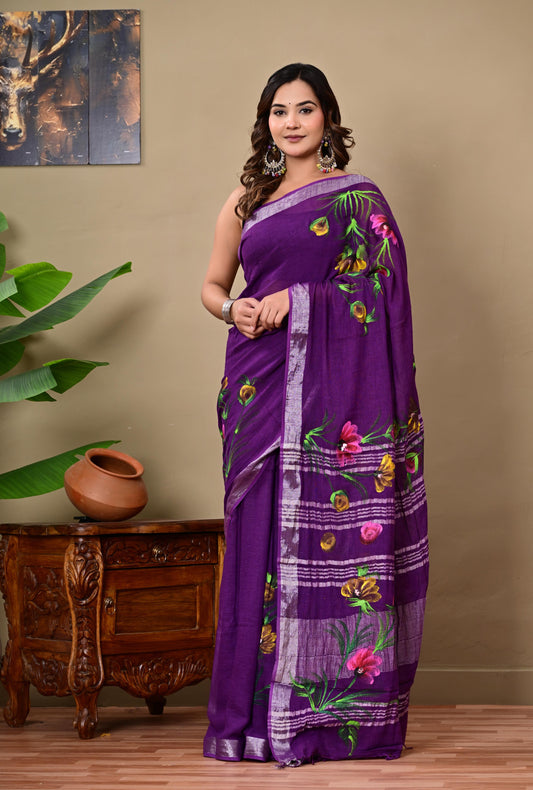 Block Printed Cotton linen Saree With Unstiched Blouse