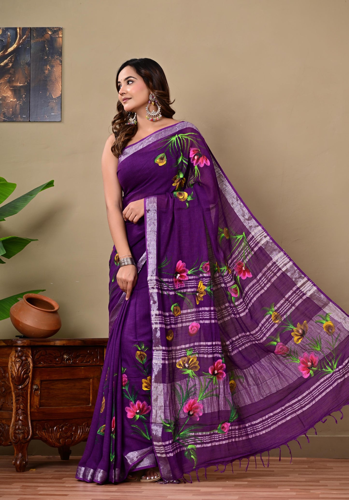 Block Printed Cotton linen Saree With Unstiched Blouse