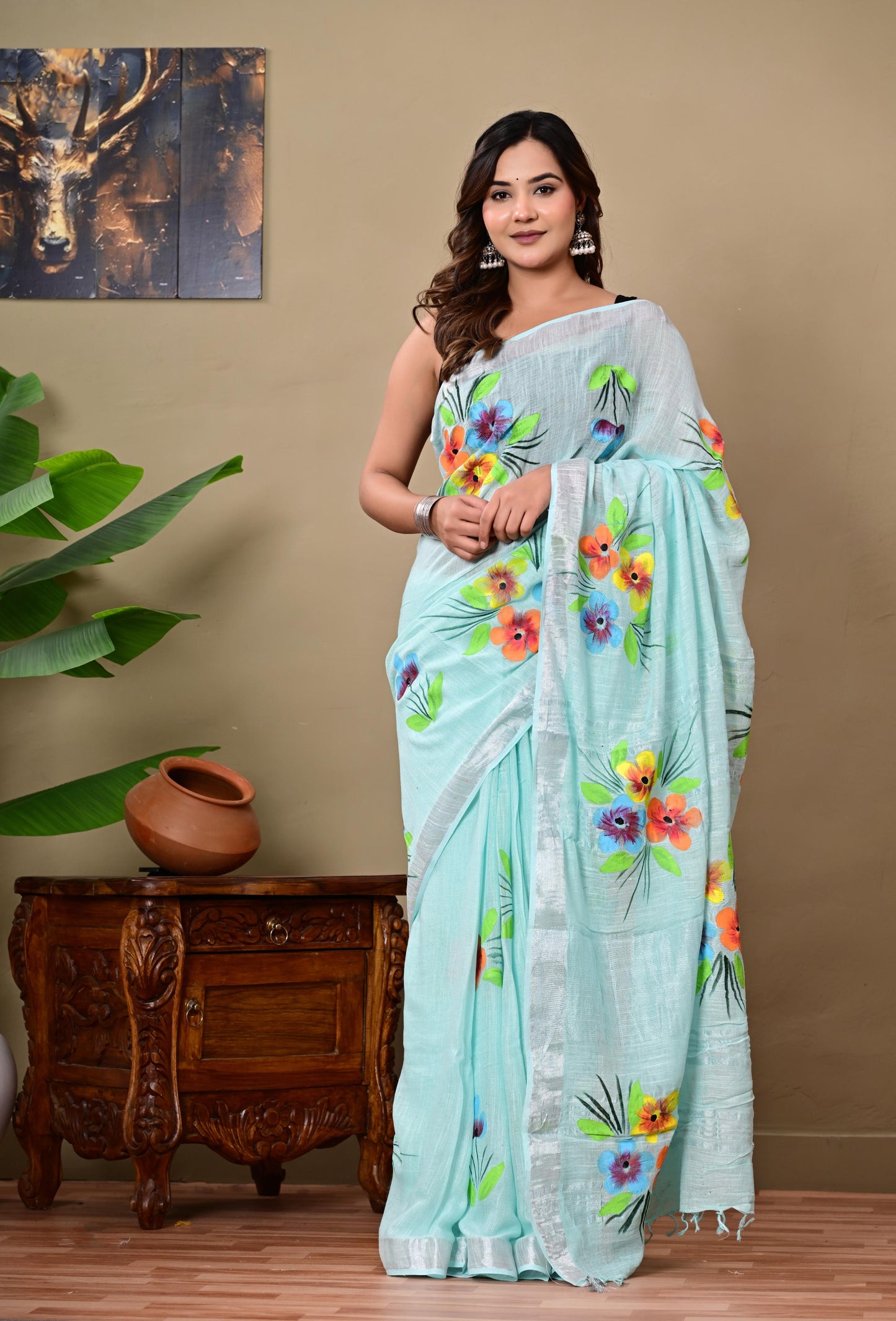 Block Printed Cotton linen Saree With Unstiched Blouse