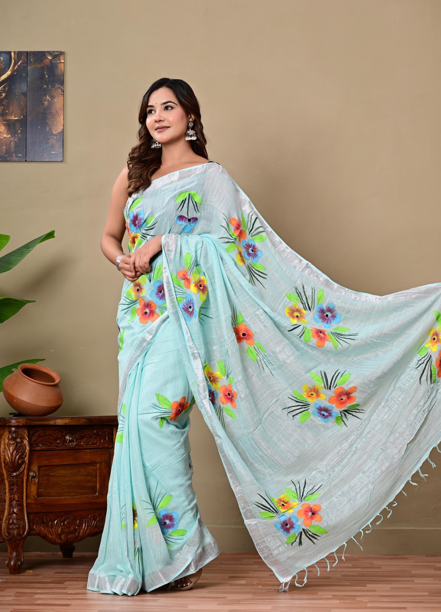 Block Printed Cotton linen Saree With Unstiched Blouse