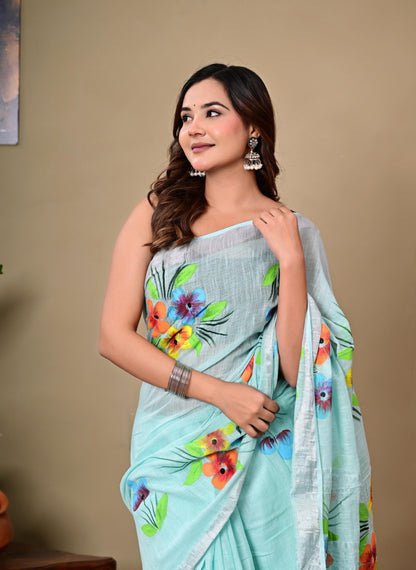 Block Printed Cotton linen Saree With Unstiched Blouse
