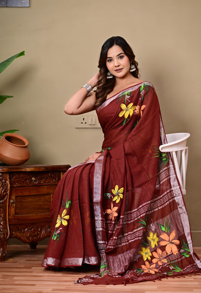 Block Printed Cotton linen Saree With Unstiched Blouse