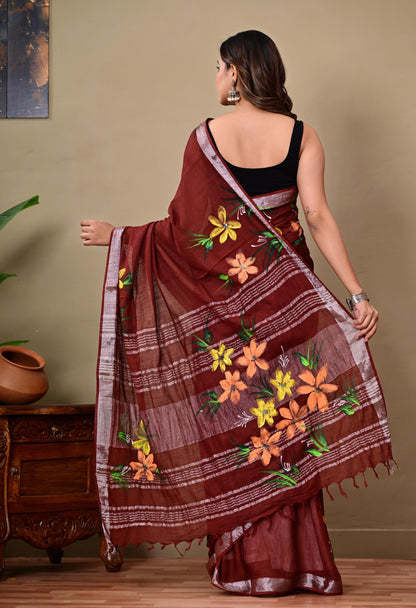 Block Printed Cotton linen Saree With Unstiched Blouse