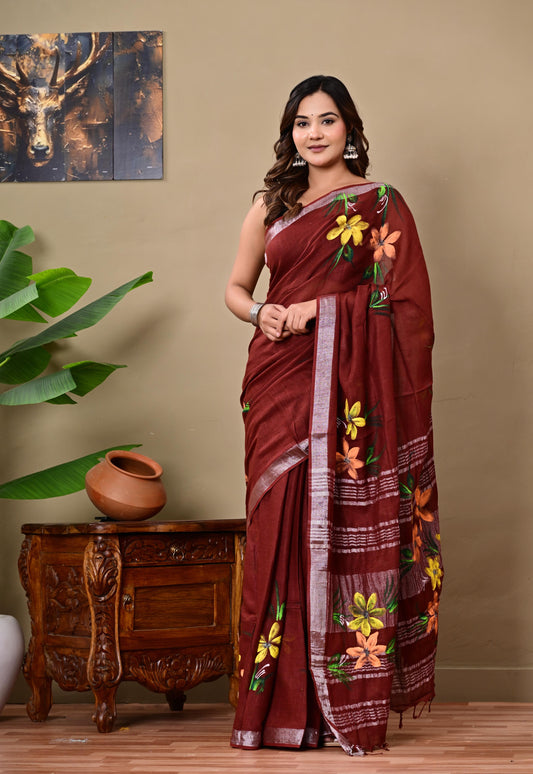 Block Printed Cotton linen Saree With Unstiched Blouse