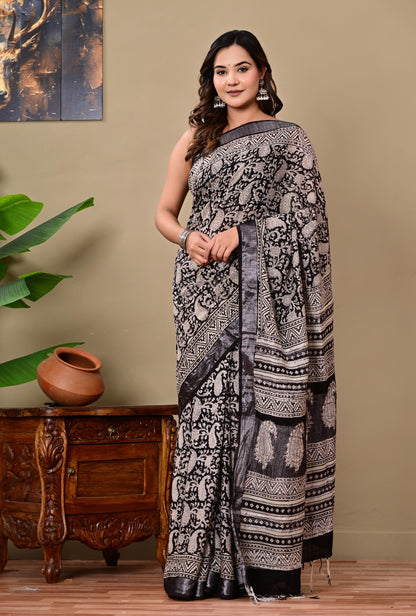 Block Printed Cotton linen Saree With Unstiched Blouse