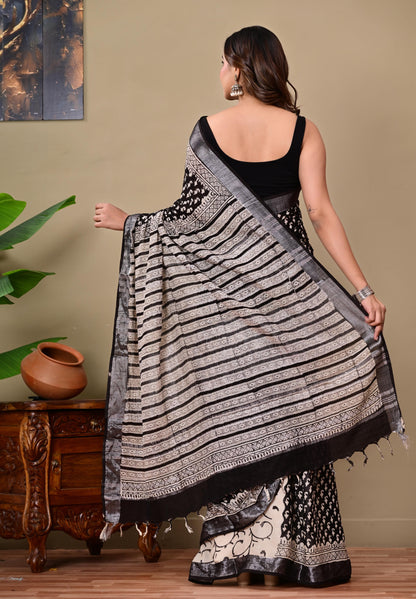 Block Printed Cotton linen Saree With Unstiched Blouse