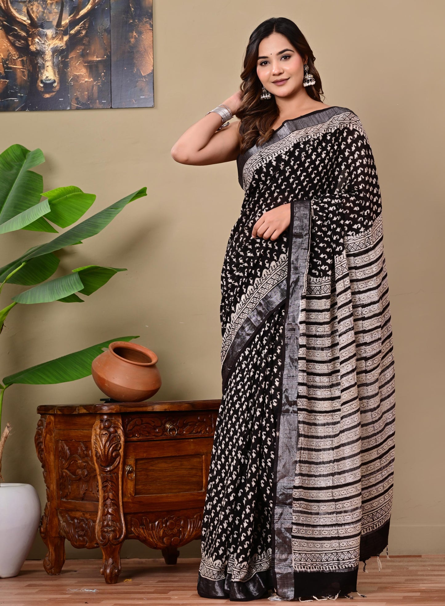 Block Printed Cotton linen Saree With Unstiched Blouse