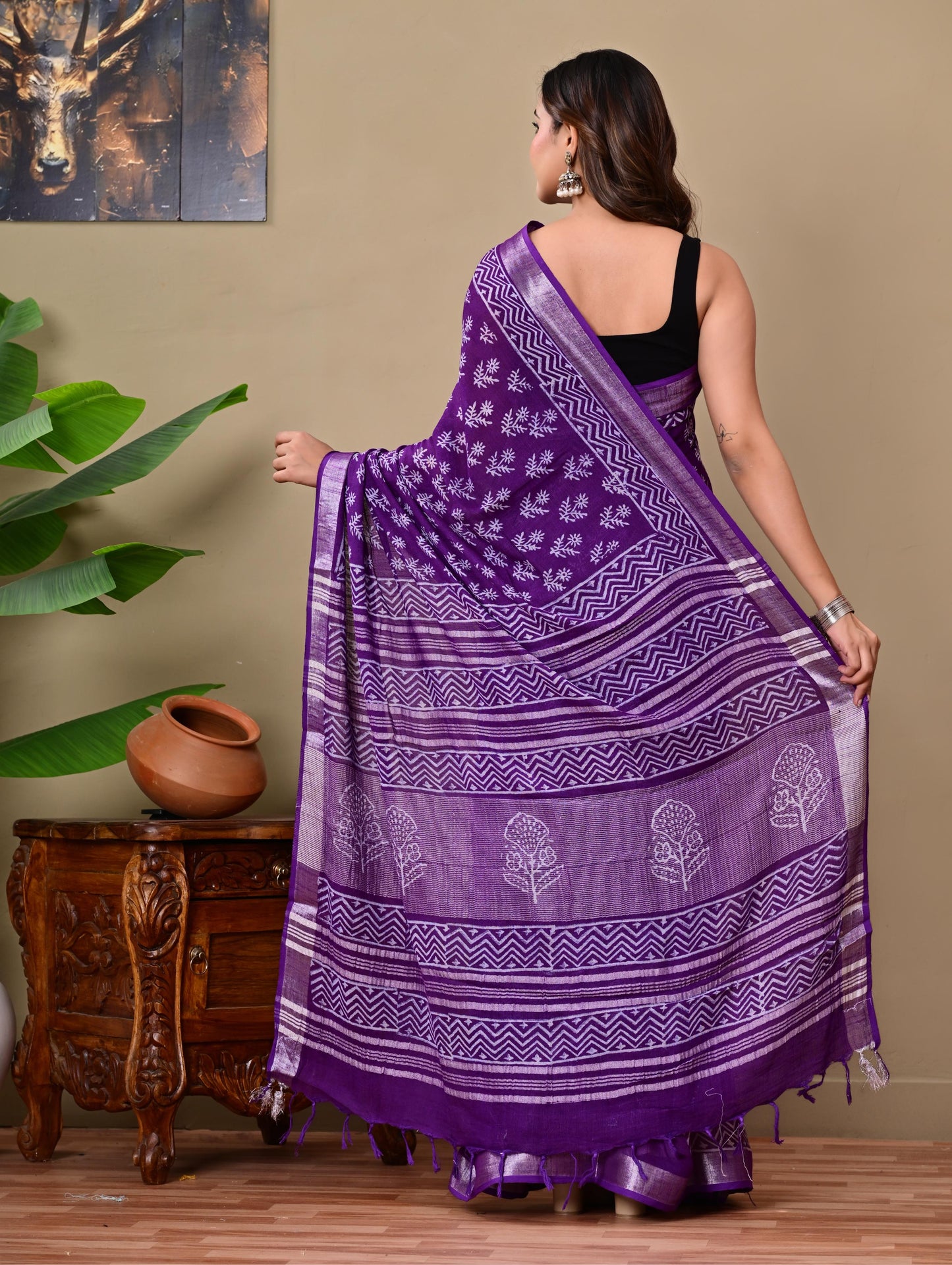 Block Printed Cotton linen Saree With Unstiched Blouse