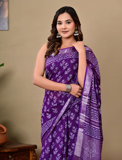 Block Printed Cotton linen Saree With Unstiched Blouse