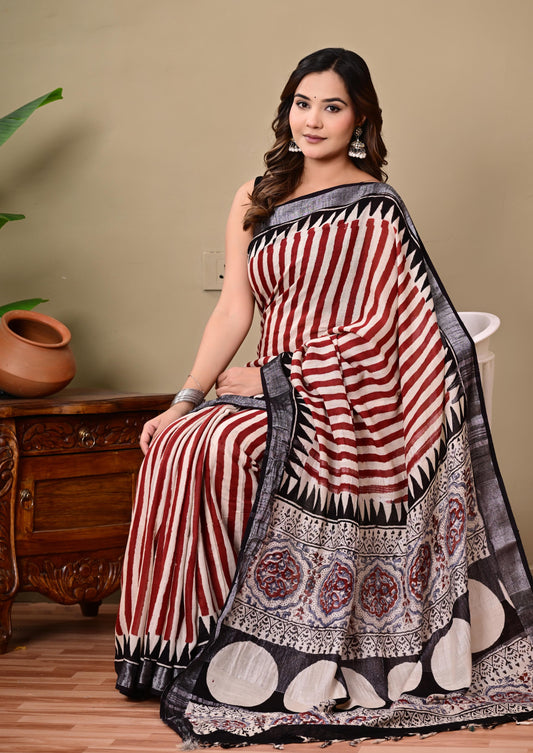 Block Printed Cotton linen Saree With Unstiched Blouse