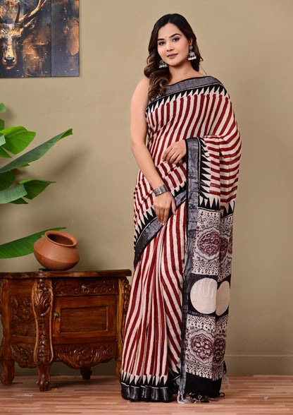 Block Printed Cotton linen Saree With Unstiched Blouse