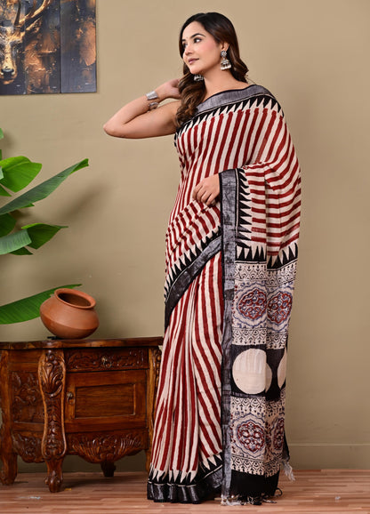 Block Printed Cotton linen Saree With Unstiched Blouse