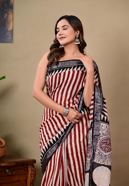 Block Printed Cotton linen Saree With Unstiched Blouse