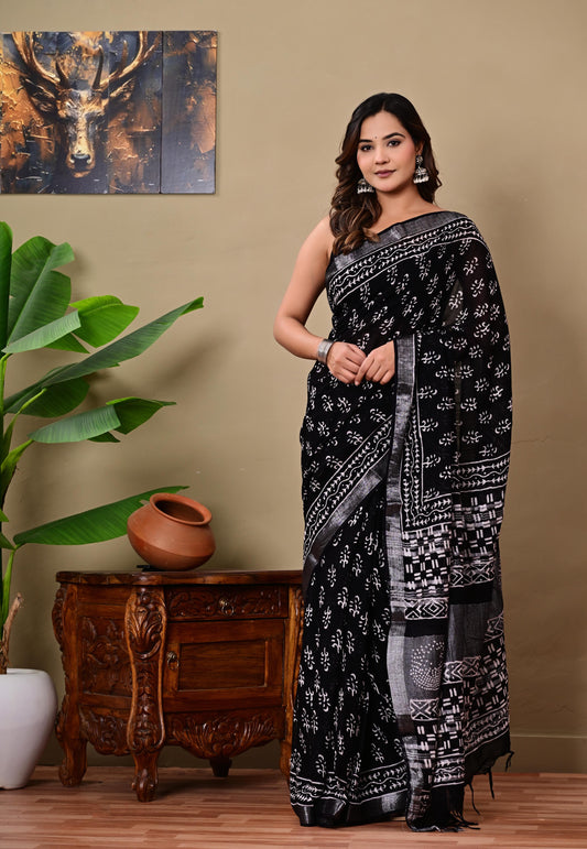 Block Printed Cotton linen Saree With Unstiched Blouse