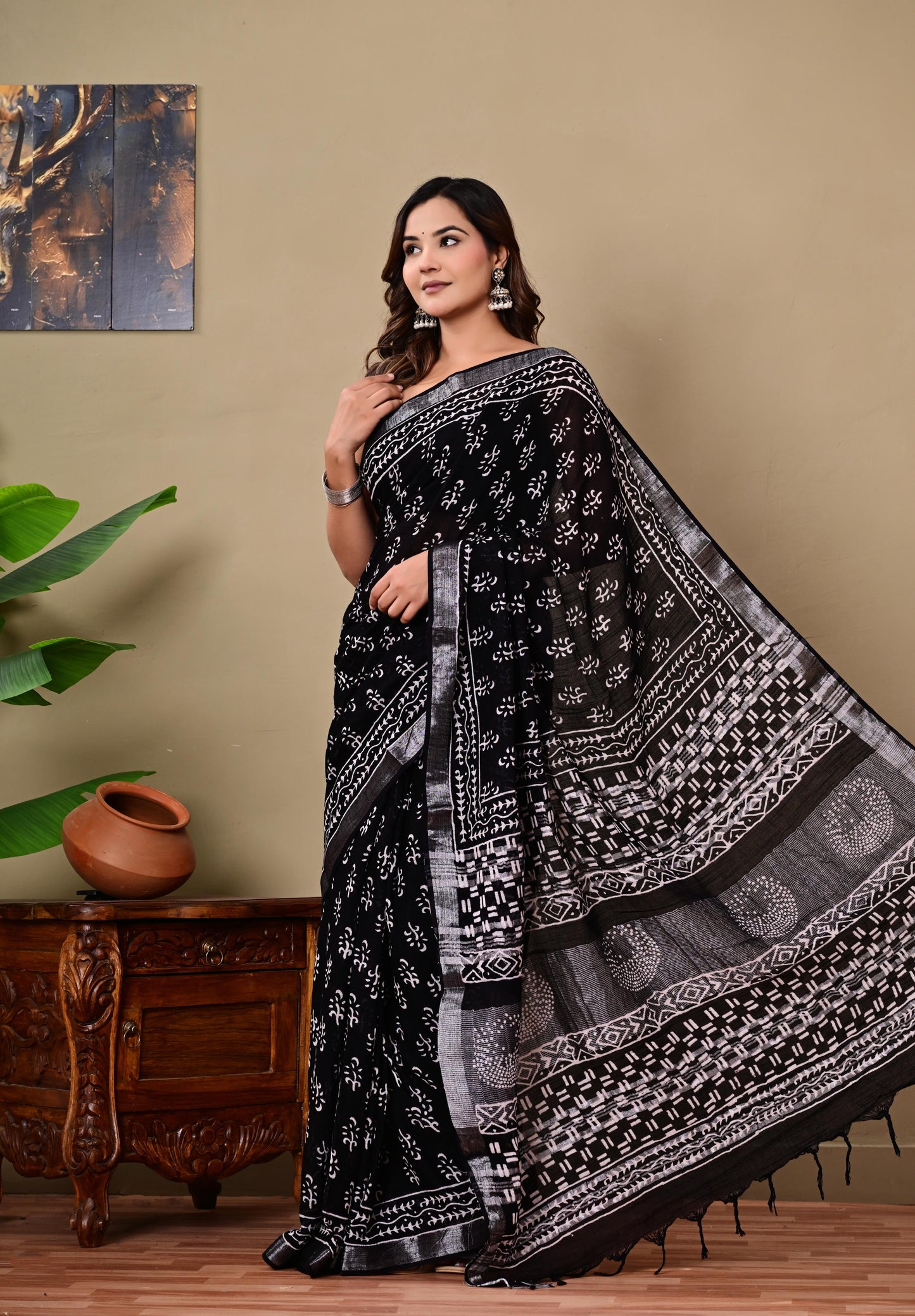 Block Printed Cotton linen Saree With Unstiched Blouse