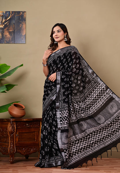 Block Printed Cotton linen Saree With Unstiched Blouse