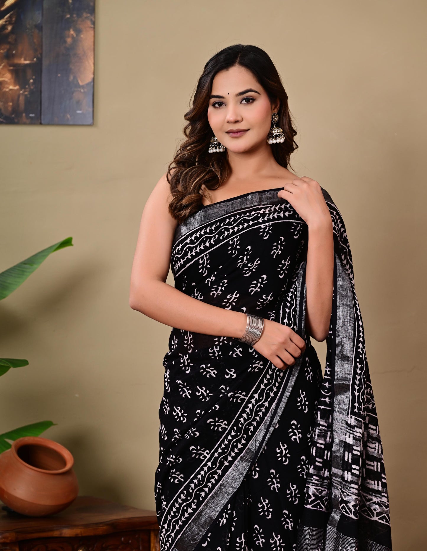 Block Printed Cotton linen Saree With Unstiched Blouse